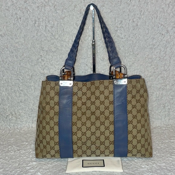 Gucci Handbags - Gucci Guccissima Canvas & Sapphire Blue Leather Bamboo Large Shoulder Bag Tote